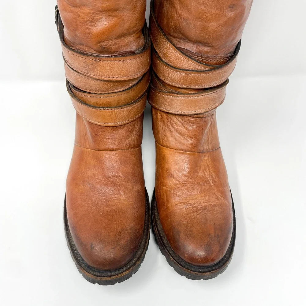 Freebird Steven Dillon Boots Womens 9 Brown Leather Tall Shearling Harness Strap